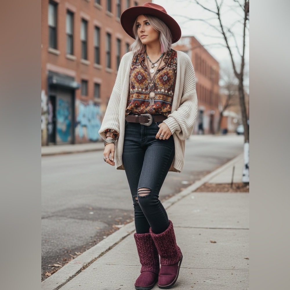 Muk Luks Women’s Burgundy Jackie Knit Faux Suede Mid-Calf Boots Size 9 - Picture 2 of 15